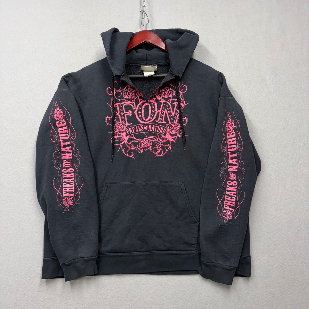 Hanes Hoodie Mens L Black Pink FON Freaks of Nature Vintage Graphic Streetwear